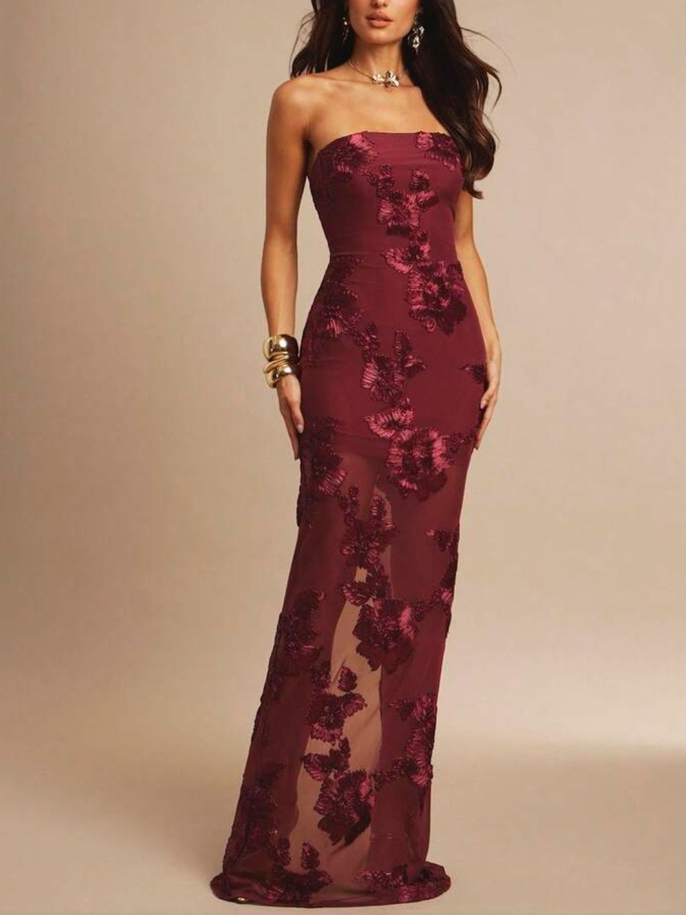 Strapless Burgundy Floral AppliquΓ© Evening Gown